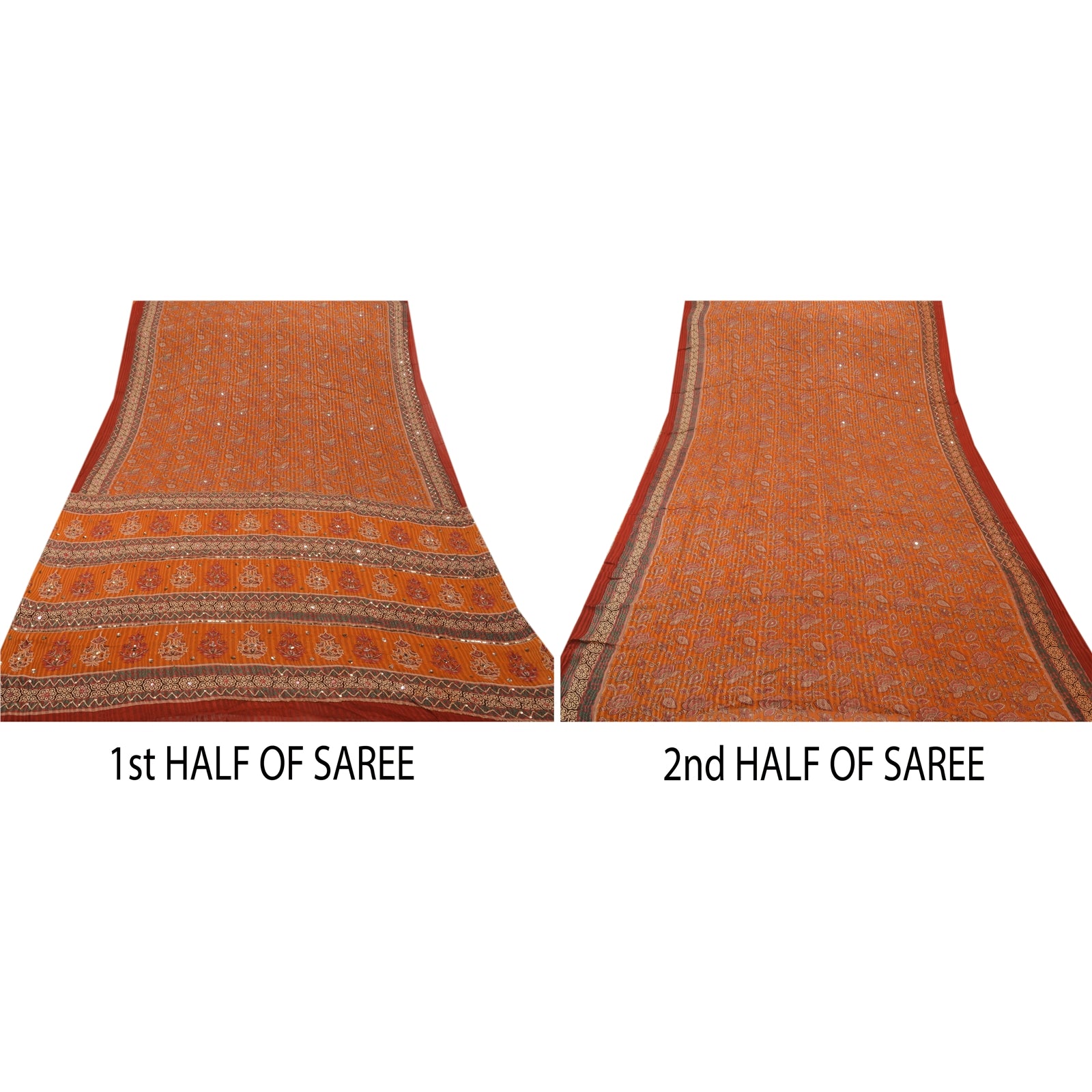 Sanskriti Vintage Saree Blend Georgette Hand Beaded Orange Sequins Mirror Work Saree 5.5+yd Fabric Versatile Uses--Crafts Sewing Decor