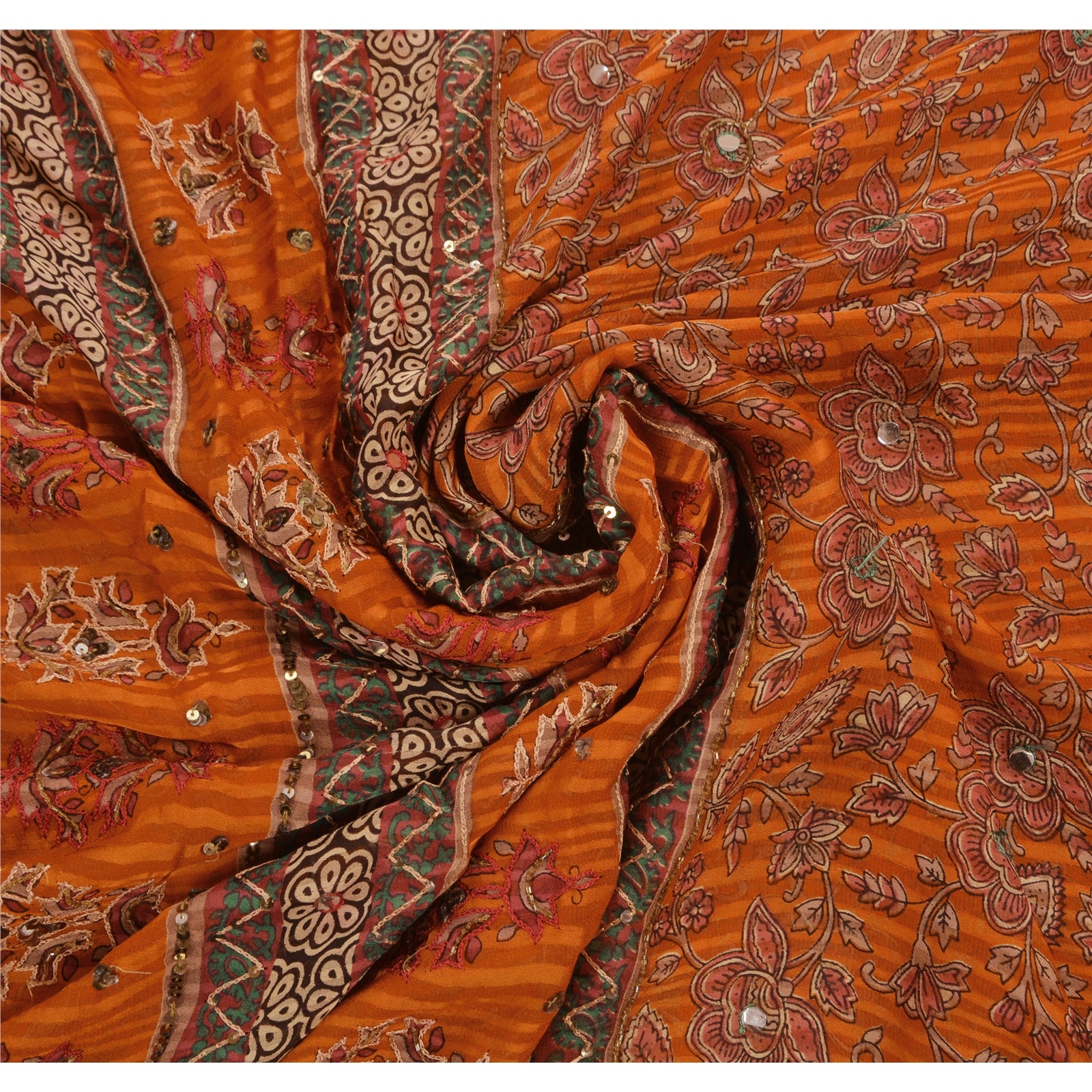 Sanskriti Vintage Saree Blend Georgette Hand Beaded Orange Sequins Mirror Work Saree 5.5+yd Fabric Versatile Uses--Crafts Sewing Decor