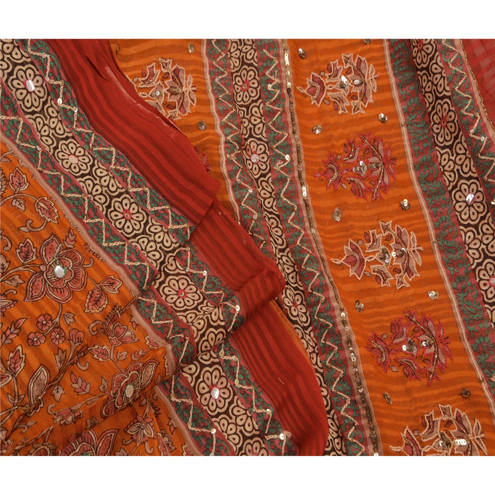 Sanskriti Vintage Saree Blend Georgette Hand Beaded Orange Sequins Mirror Work Saree 5.5+yd Fabric Versatile Uses--Crafts Sewing Decor