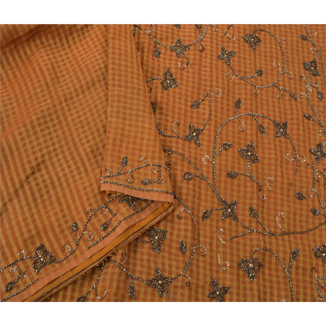 Sanskrit Vintage Orange Saree Georgette Hand Beaded Woven Fabric Premium Sari