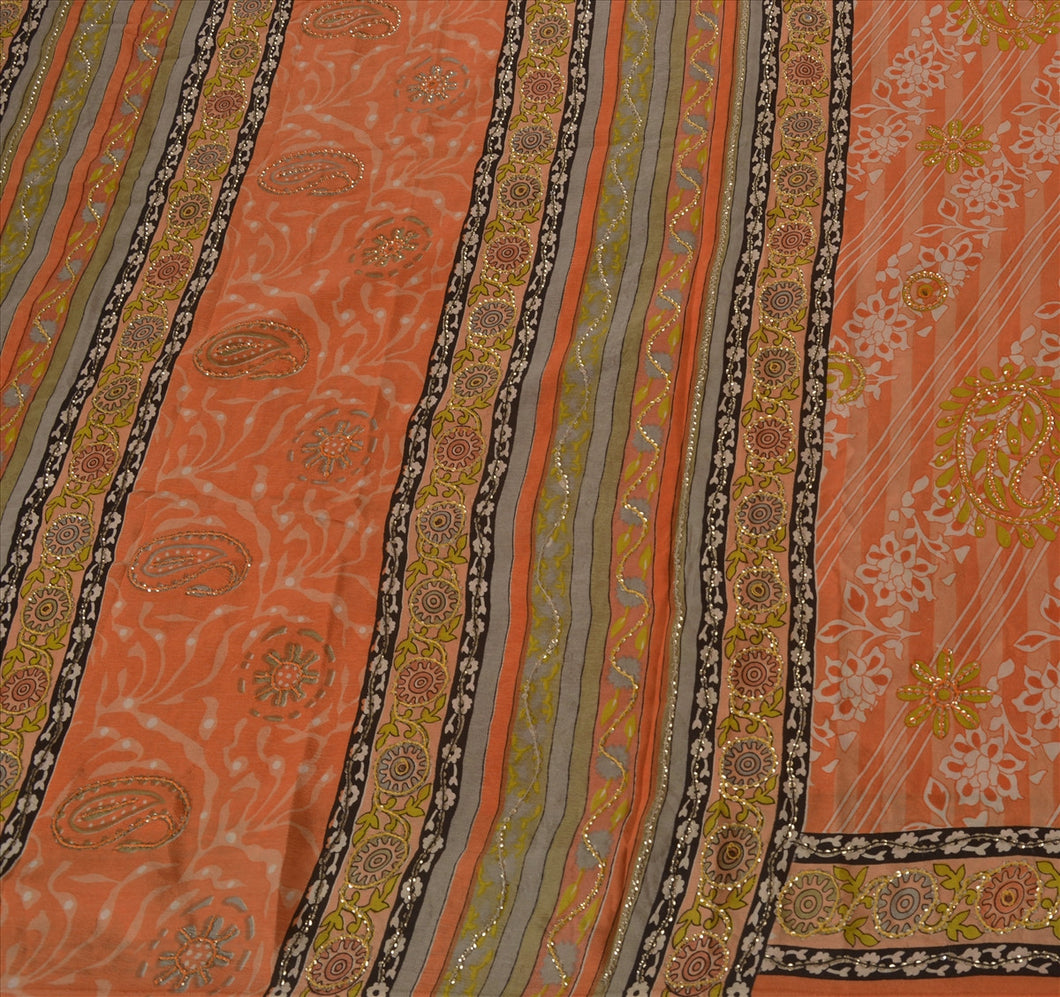 Vintage Indian Saree 100% Pure Crepe Silk Hand Beaded Craft Fabric Cultural Sari