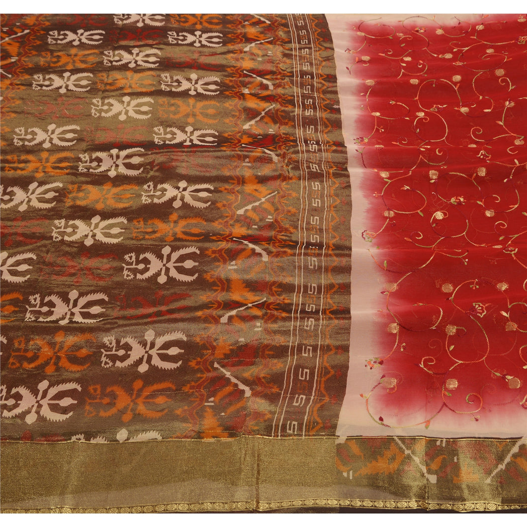 Sanskriti Vintage Indian Saree Blend Georgette Embroidered Woven Fabric Dark Red Sari