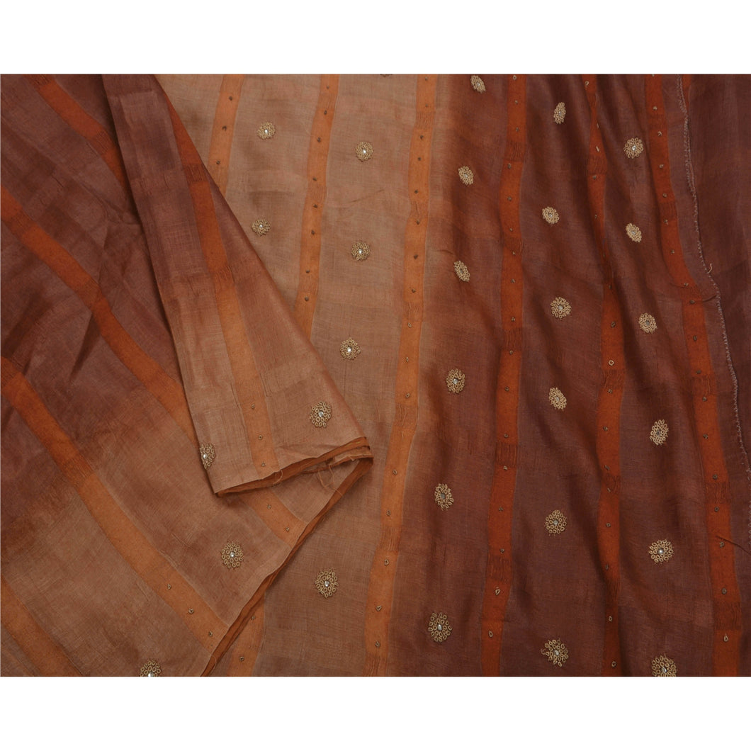 Saree 100% Pure Silk Hand Beaded Fabric Brown 5 Yard Sari