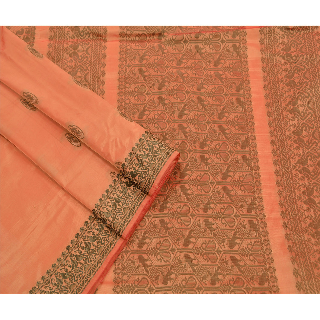 Vintage Indian Saree Art Silk Woven Peach Fabric Peacock Premium Cultural Sari