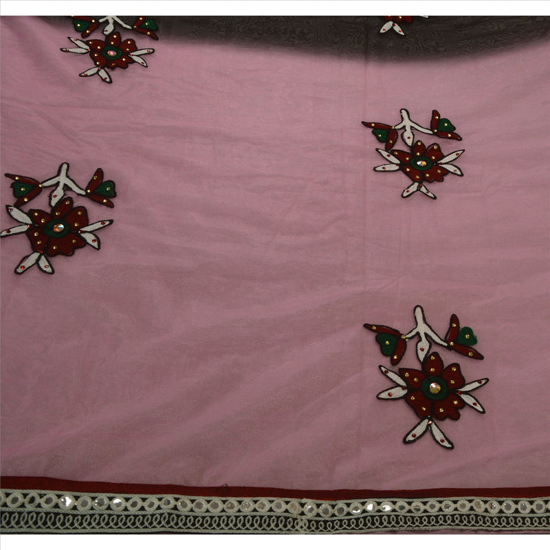 Sanskriti Vintage Indian Saree Net Mesh Hand Beaded Pink Sustainable Fabric Rhinestone Sari