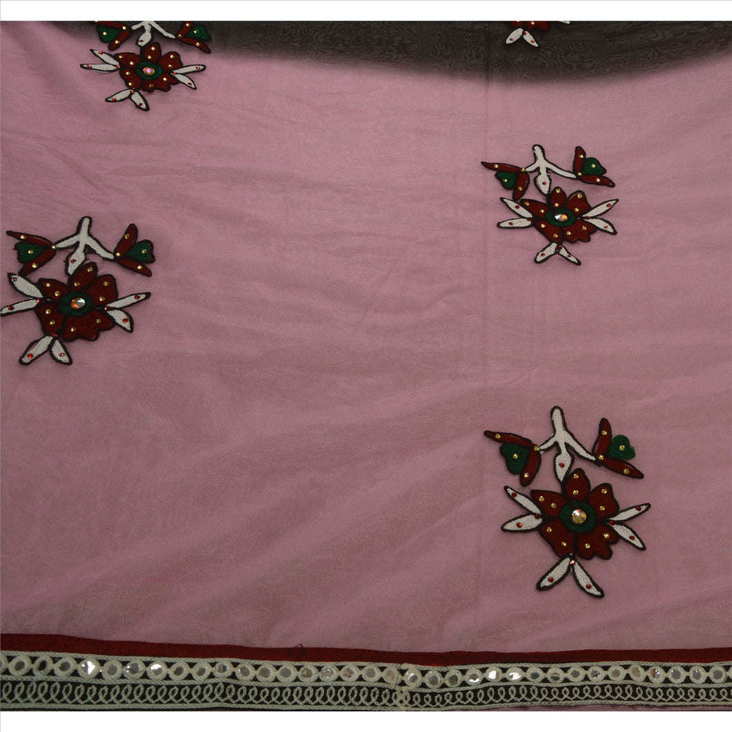 Sanskriti Vintage Indian Saree Net Mesh Hand Beaded Pink Fabric Rhinestone Sari