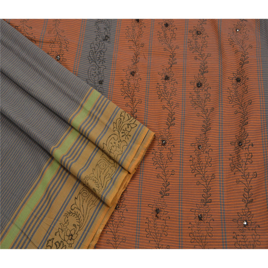 Sanskriti Vintage Indian Saree Cotton Hand Embroidered Woven Grey Sustainable Fabric Sari