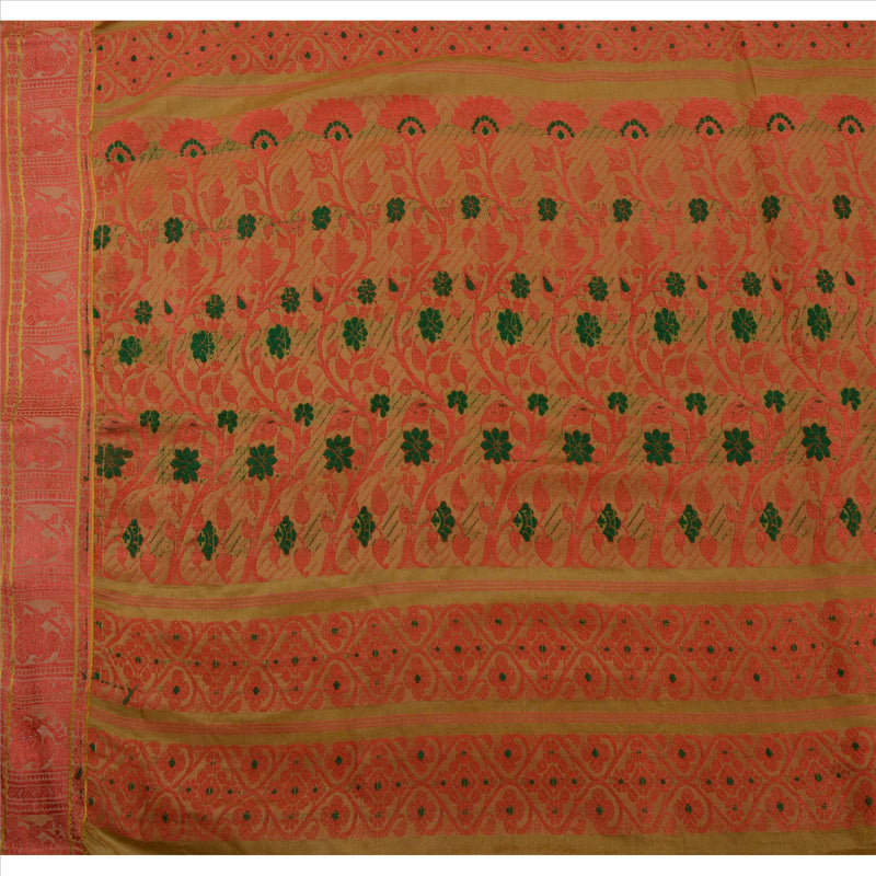 Sanskriti Vintage Indian Saree Cotton Blend Woven Green Craft Sustainable Fabric Floral Sari
