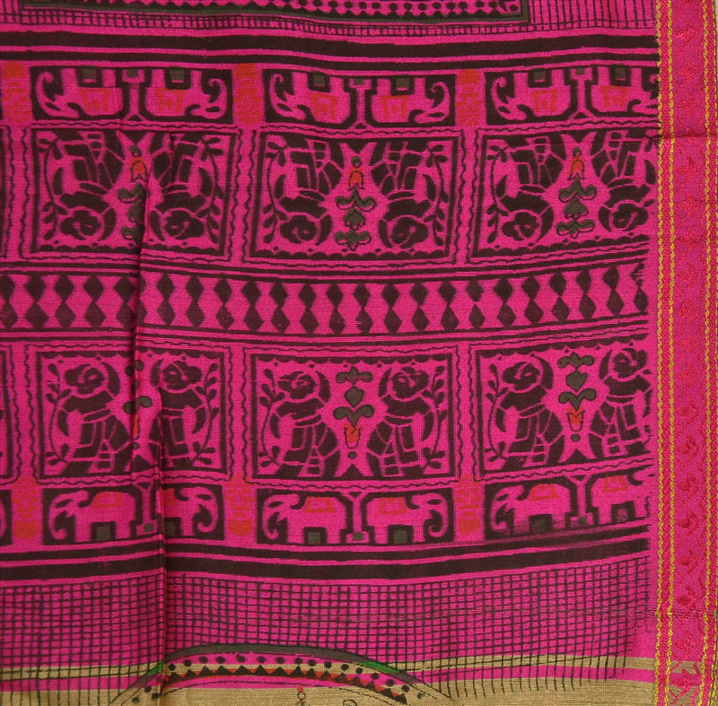 SANSKRITI VINTAGE INDIAN SAREE ART SILK BROWN PINK SARI Sustainable Fabric PAINTED ELEPHANT