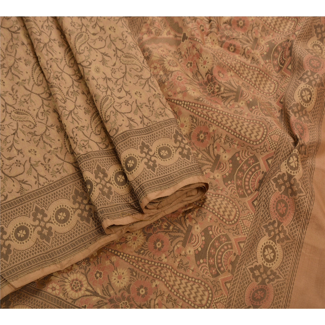Sanskriti Vintage Indian Saree 100% Pure Silk Brown Woven Cultural Fabric Sari