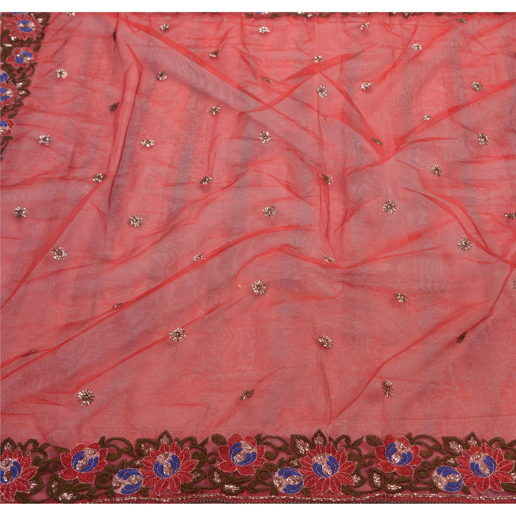 Sanskriti Vintage Pink Indian Saree Net Mesh Embroidered Craft Fabric Sequins Sari