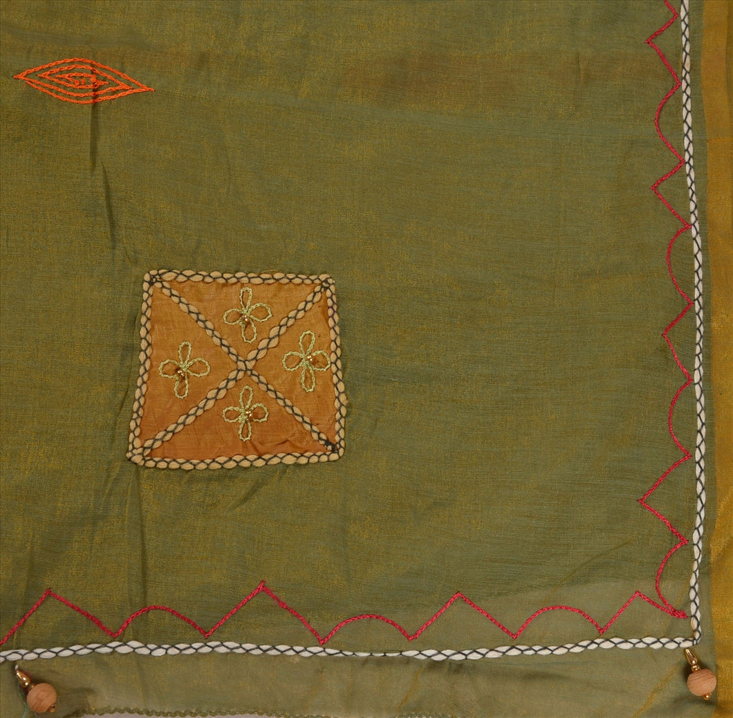 SANSKRITI VINTAGE INDIAN SAREE ART SILK GREEN SARI FABRIC HAND BEADED PATCH