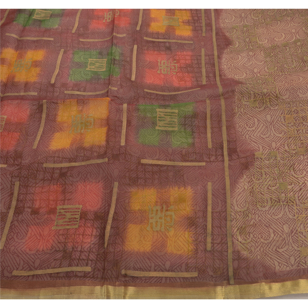 Antique Vintage Indian Saree 100% Pure Organza Silk Painted Fabric Premium Sari