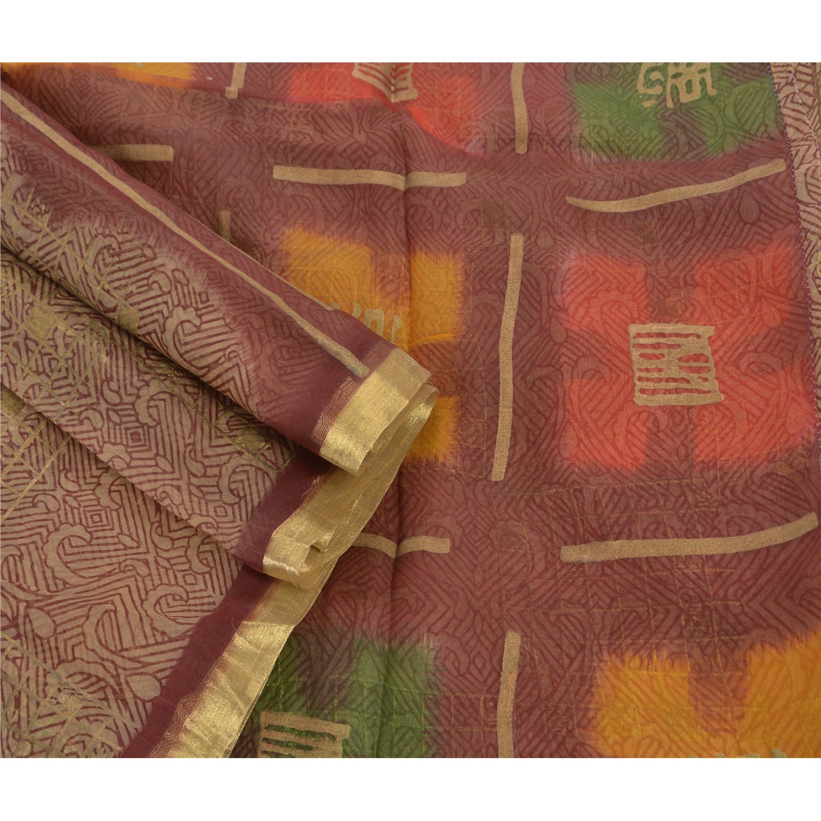 Sanskriti Vintage Brown Blend Silk Sari Fabric: Floral Print, 5Yd Craft Supply Add-Elegance to Table Linen, Curtains, or Cushions