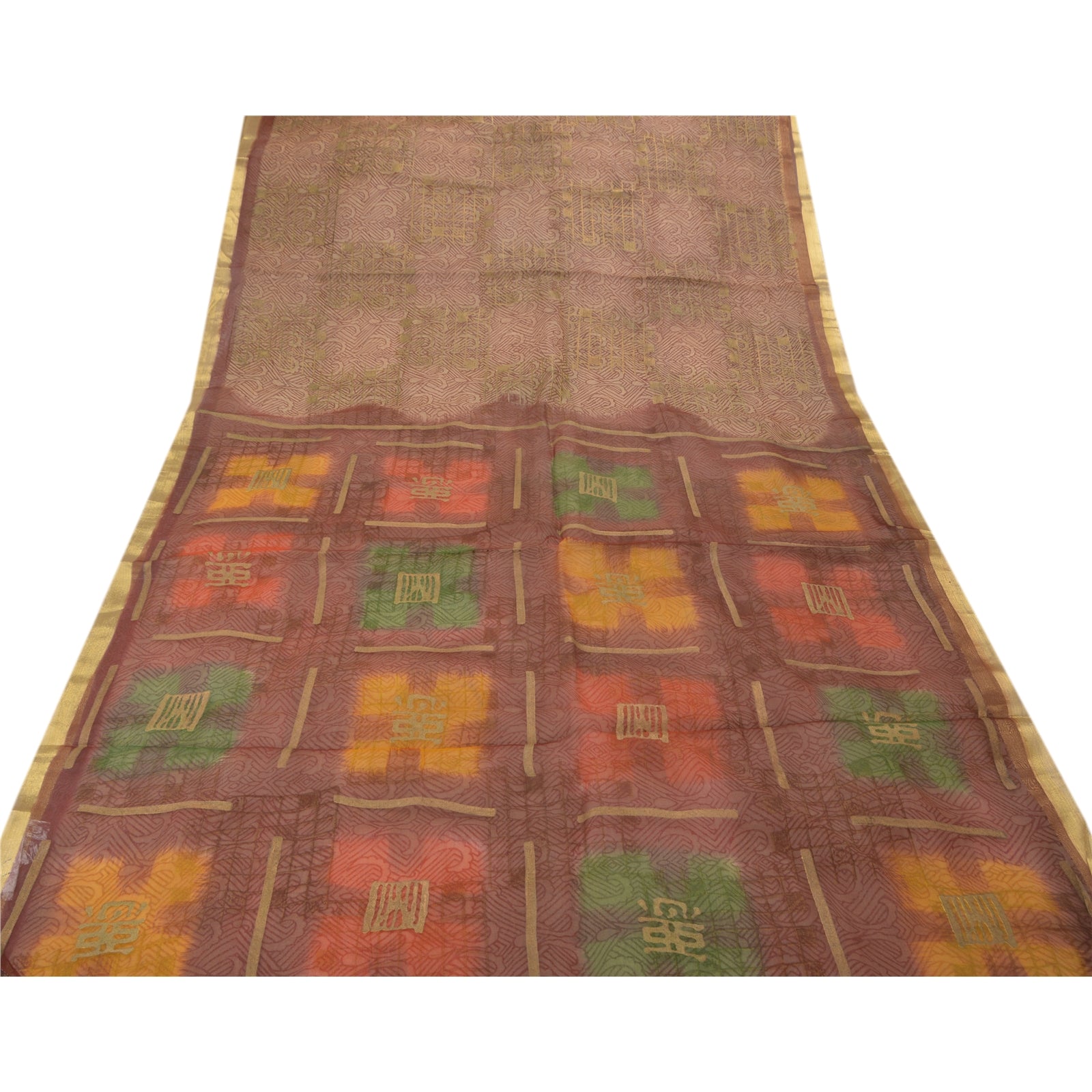 Sanskriti Vintage Brown Blend Silk Sari Fabric: Floral Print, 5Yd Craft Supply Add-Elegance to Table Linen, Curtains, or Cushions