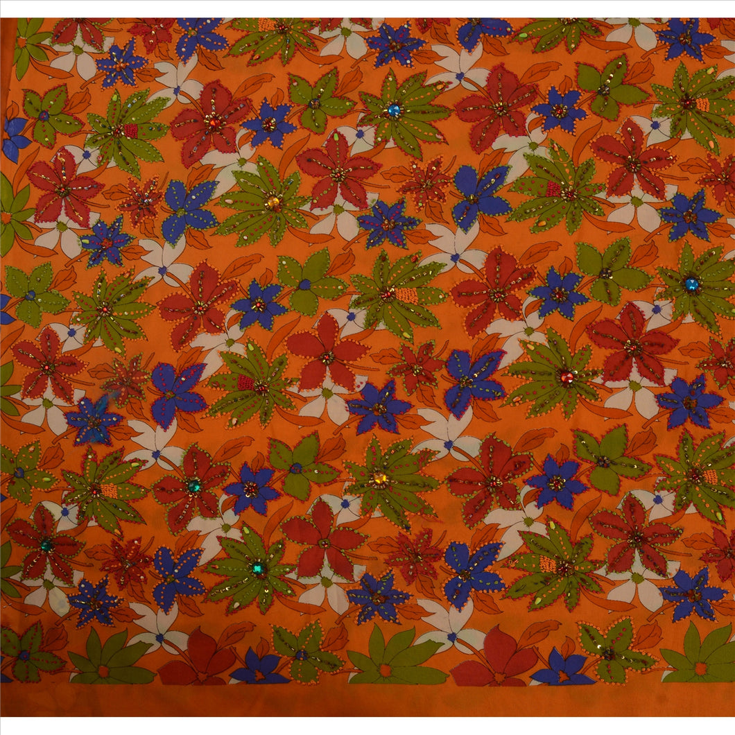 Sanskriti Vintage Indian Saree Georgette Hand Beaded Orange Craft Fabric Sari