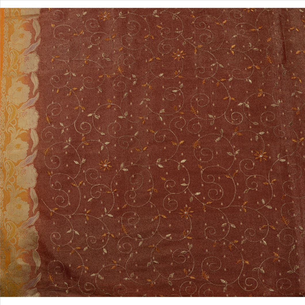 Vintage Indian Saree 100% Pure Georgette Silk Embroidered Craft Fabric Sari