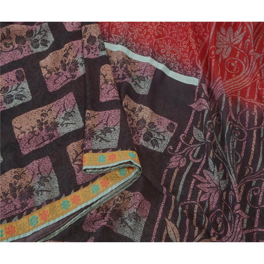 Sanskriti Vintage Dark Red Saree Chiffon Hand Beaded Woven Craft Sustainable Fabric Sari