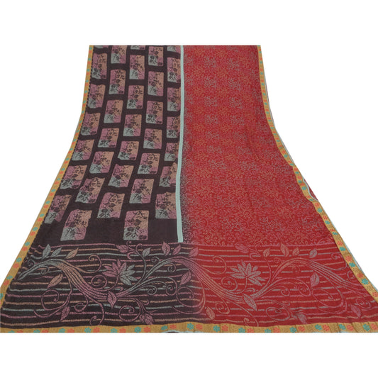 Sanskriti Vintage Dark Red Saree Chiffon Hand Beaded Woven Craft Sustainable Fabric Sari