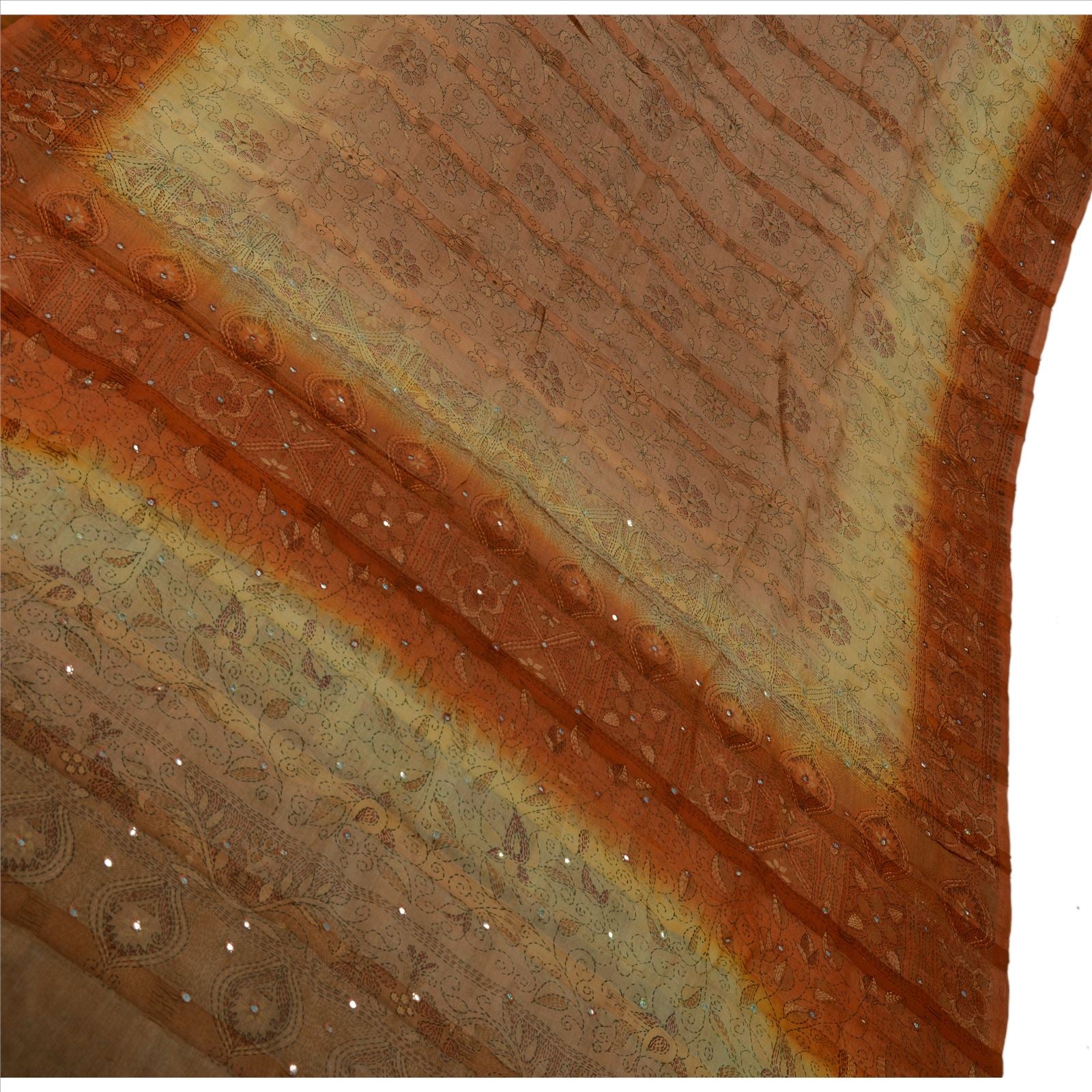 Sanskriti Vintage Pure Silk Sari Fabric: Hand Embroidered Thread Work Indian Textile, Orange & Peach Pre-owned Indian Saree Fabric,