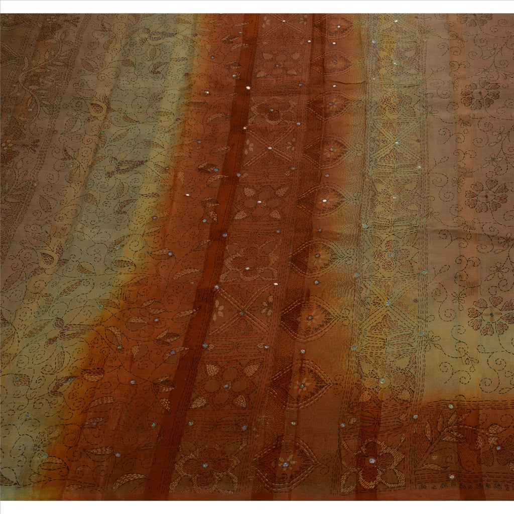 Sanskriti Vintage Pure Silk Sari Fabric: Hand Embroidered Thread Work Indian Textile, Orange & Peach Pre-owned Indian Saree Fabric,