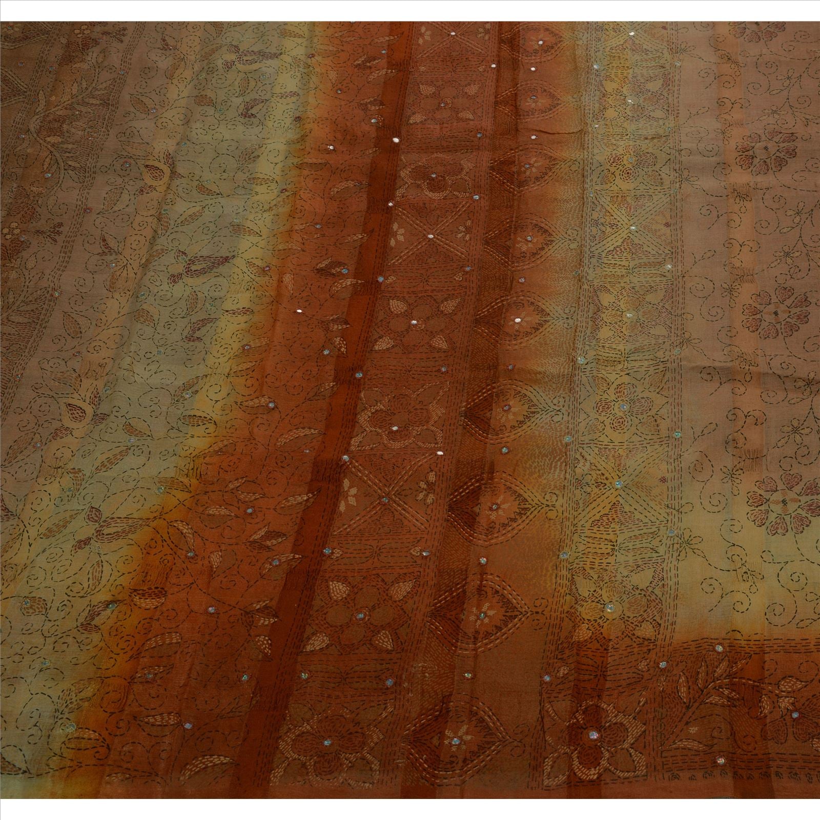 Sanskriti Vintage Pure Silk Sari Fabric: Hand Embroidered Thread Work Indian Textile, Orange & Peach Pre-owned Indian Saree Fabric,