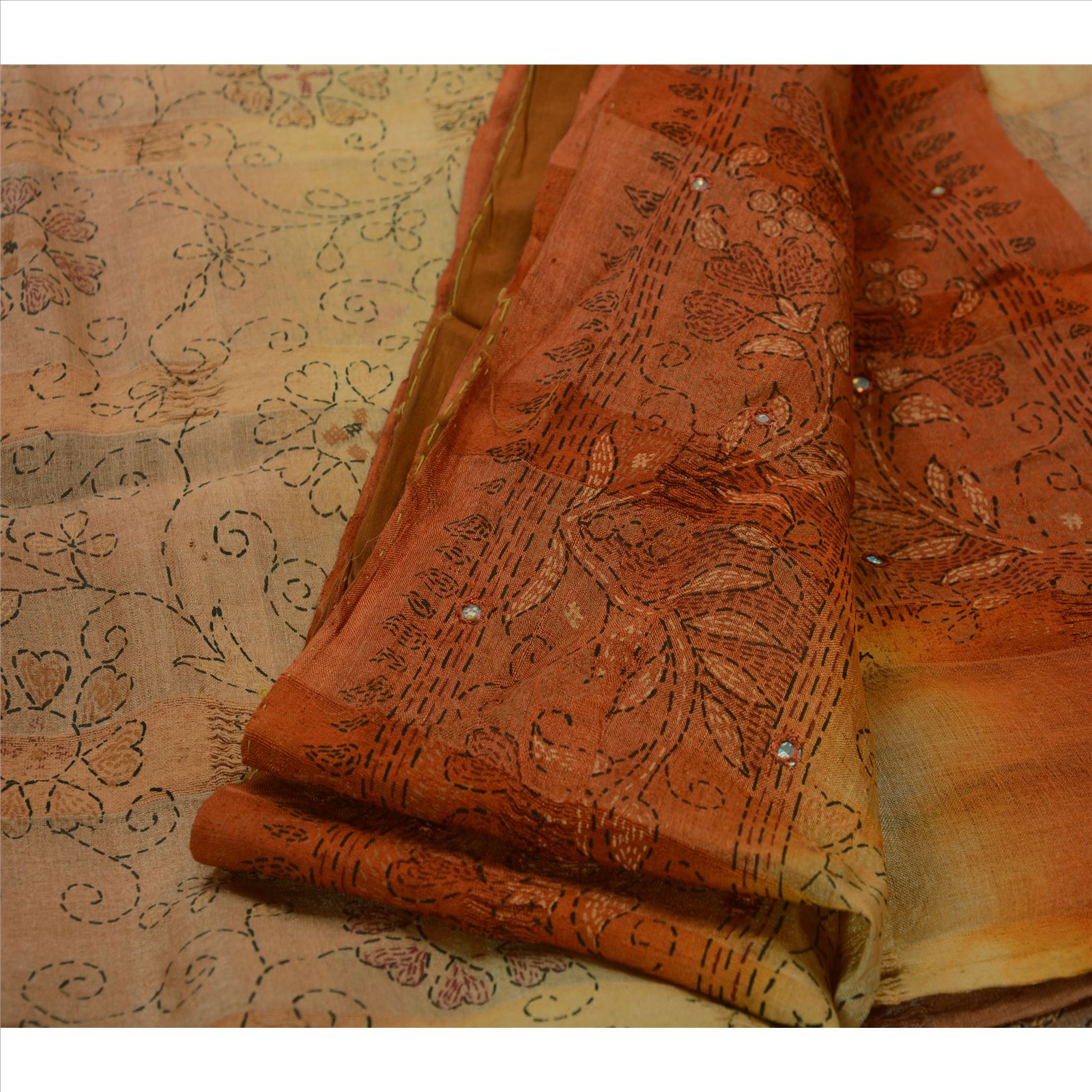 Sanskriti Vintage Pure Silk Sari Fabric: Hand Embroidered Thread Work Indian Textile, Orange & Peach Pre-owned Indian Saree Fabric,