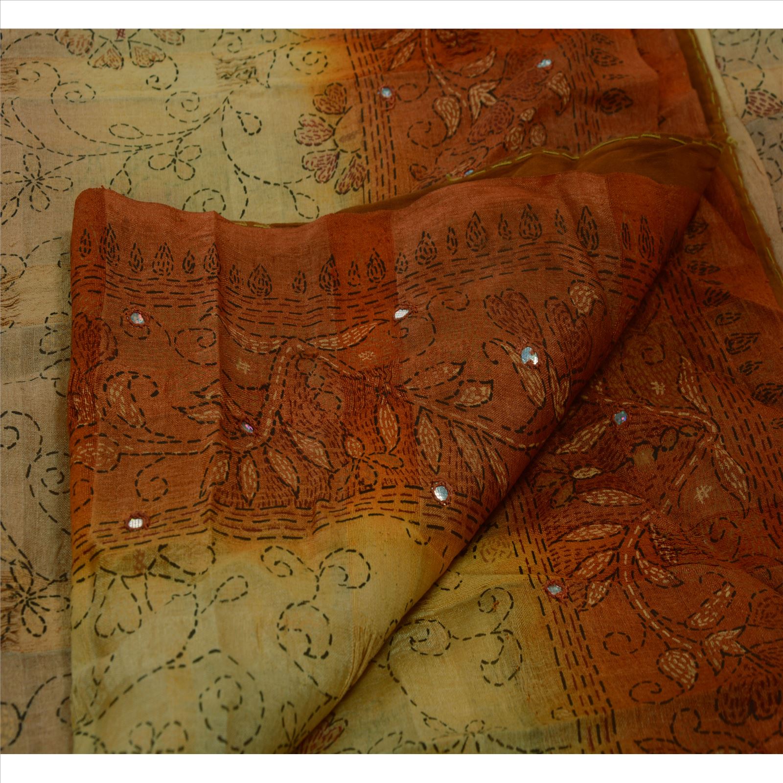 Sanskriti Vintage Pure Silk Sari Fabric: Hand Embroidered Thread Work Indian Textile, Orange & Peach Pre-owned Indian Saree Fabric,