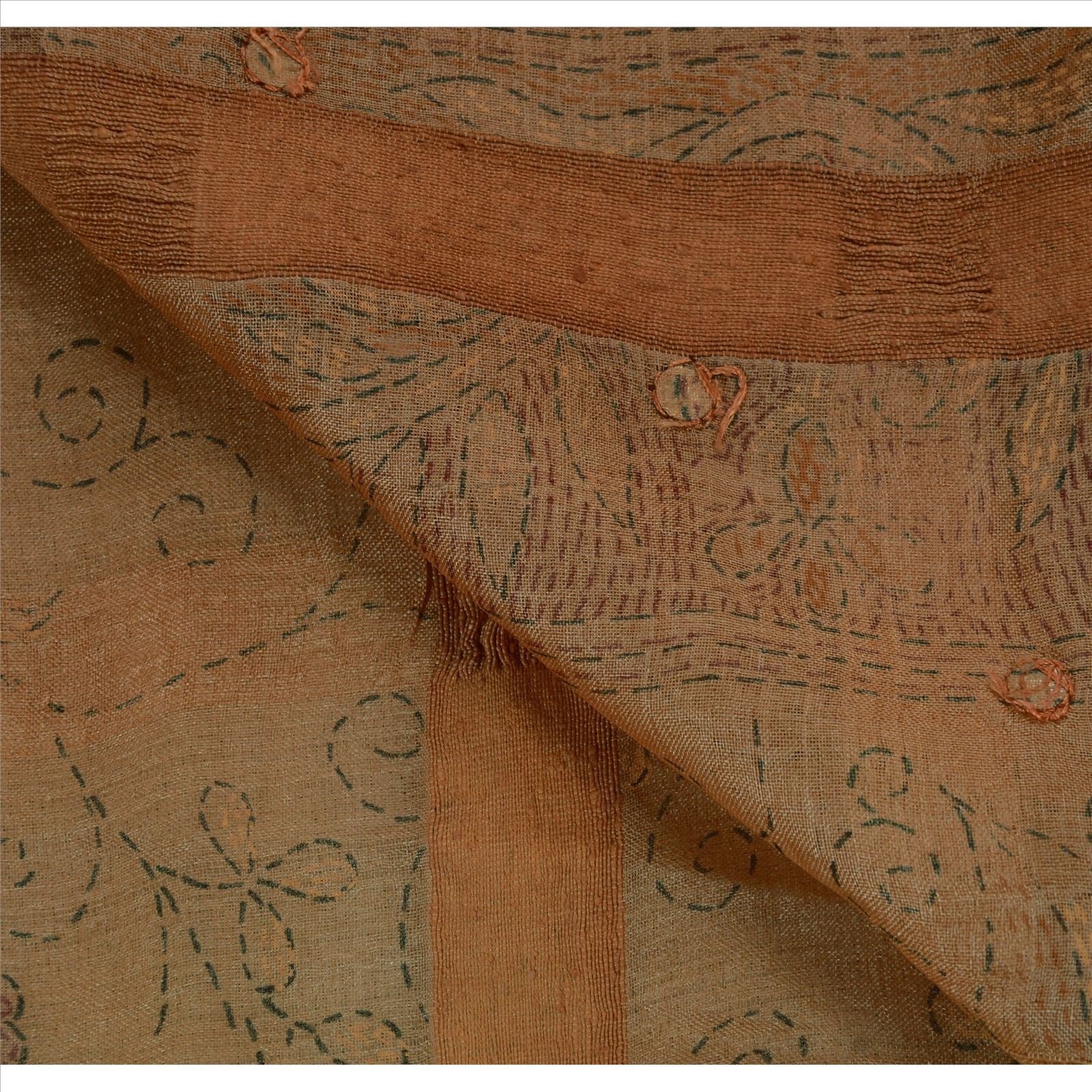 Sanskriti Vintage Pure Silk Sari Fabric: Hand Embroidered Thread Work Indian Textile, Orange & Peach Pre-owned Indian Saree Fabric,