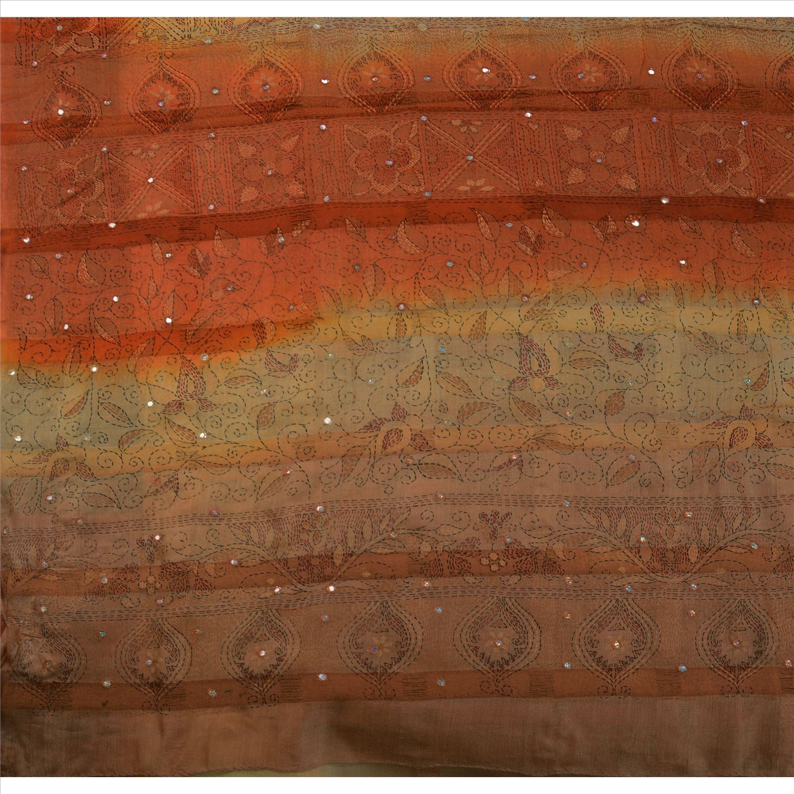 Sanskriti Vintage Pure Silk Sari Fabric: Hand Embroidered Thread Work Indian Textile, Orange & Peach Pre-owned Indian Saree Fabric,