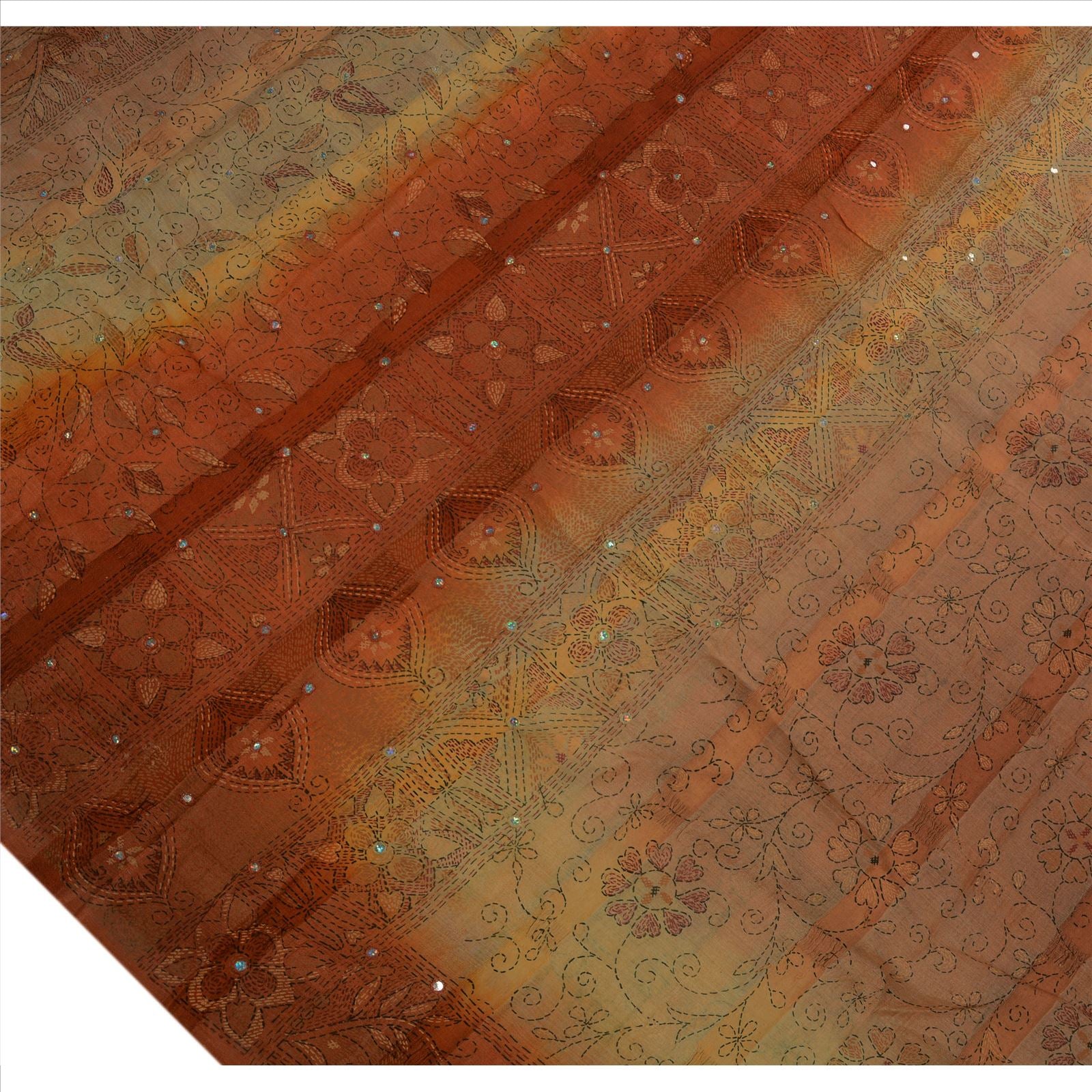 Sanskriti Vintage Pure Silk Sari Fabric: Hand Embroidered Thread Work Indian Textile, Orange & Peach Pre-owned Indian Saree Fabric,