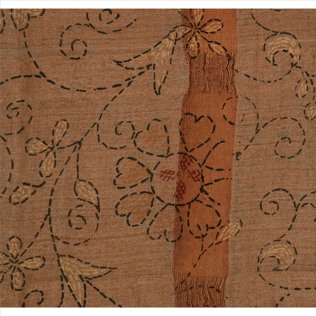 Sanskriti Vintage Pure Silk Sari Fabric: Hand Embroidered Thread Work Indian Textile, Orange & Peach Pre-owned Indian Saree Fabric,