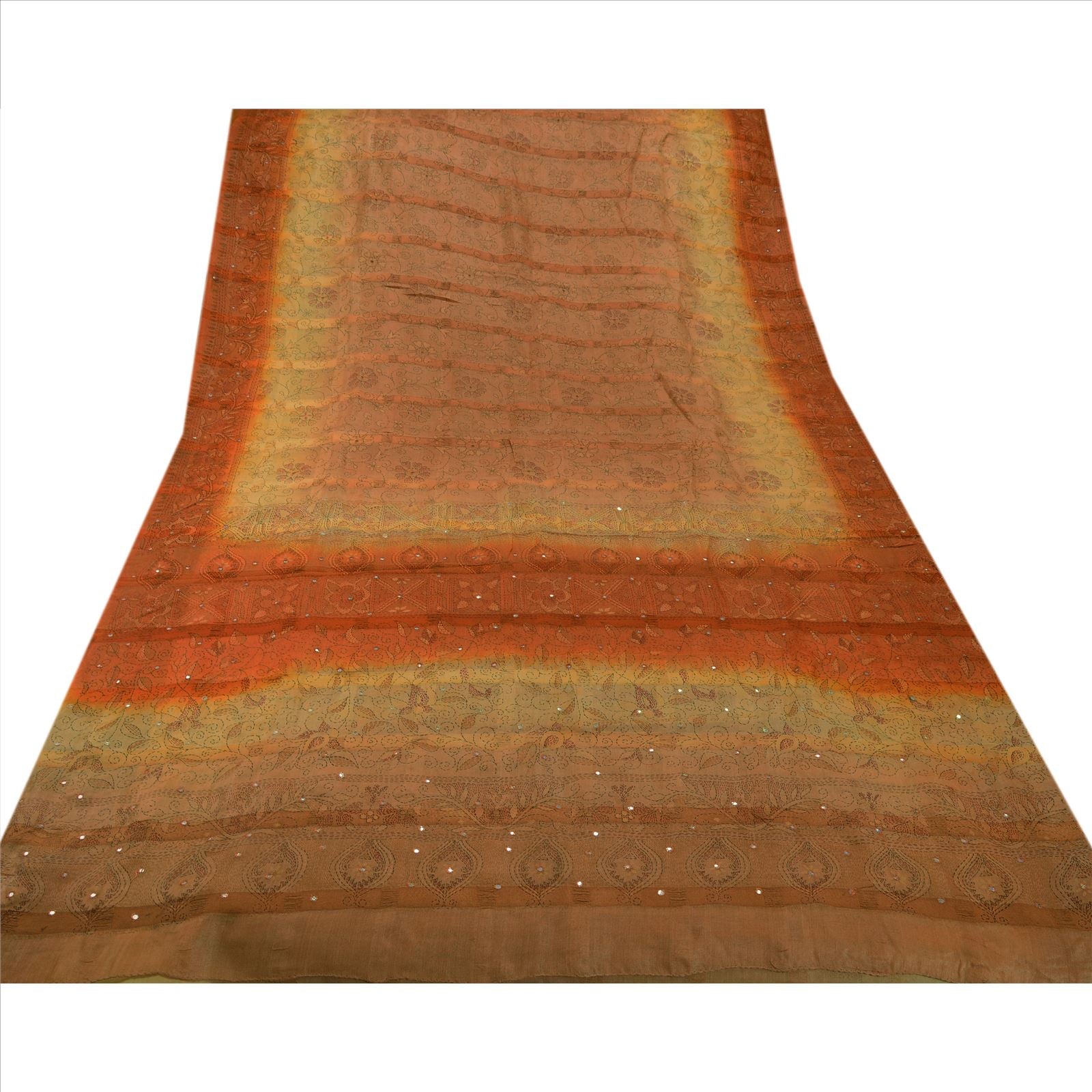 Sanskriti Vintage Pure Silk Sari Fabric: Hand Embroidered Thread Work Indian Textile, Orange & Peach Pre-owned Indian Saree Fabric,