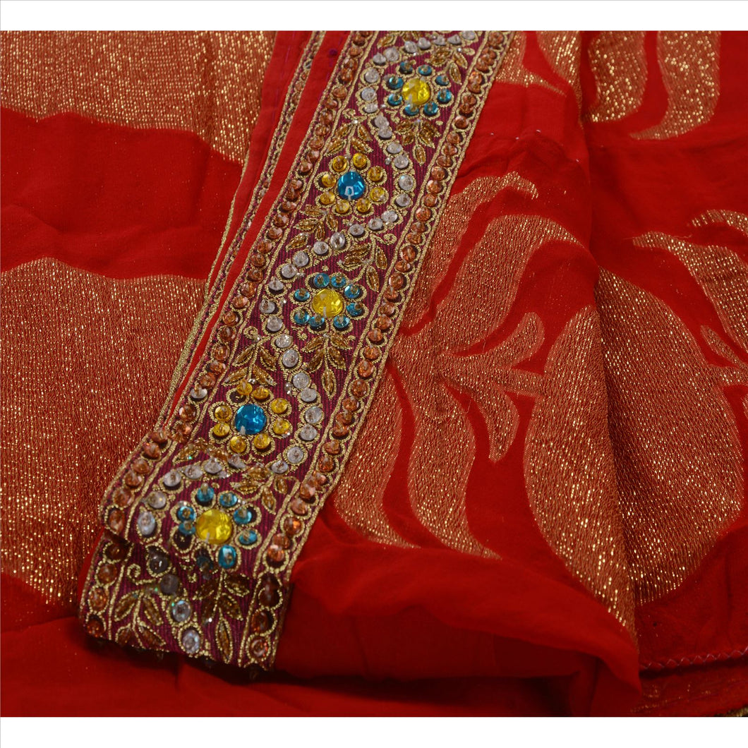 Sanskriti Vintage Saree Georgette Hand Beaded Woven Red Fabric Cultural Sari
