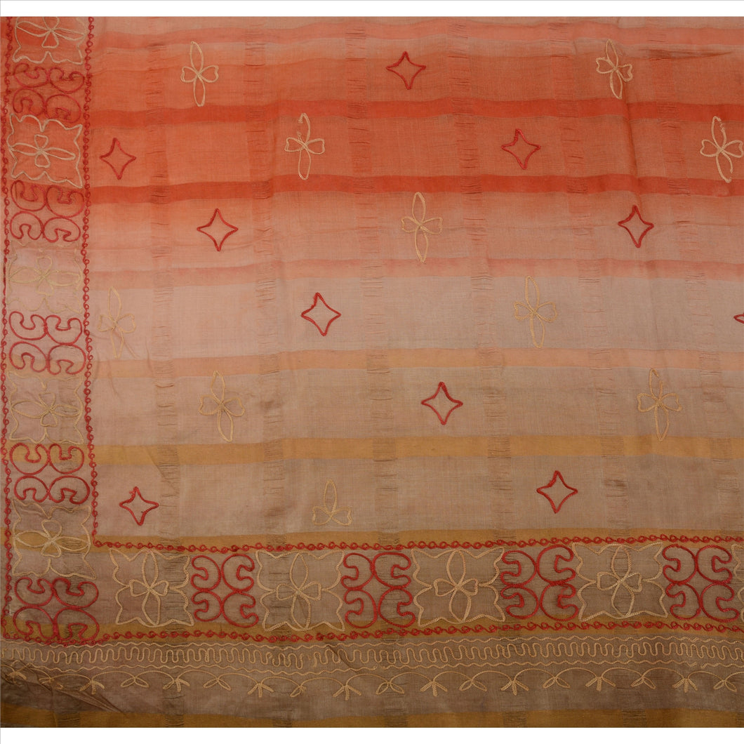 Vintage Indian Ethnic Saree 100% Pure Silk Hand Embroidered Craft Fabric Sari