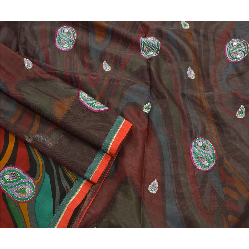 Vintage Indian Saree Georgette Hand Embroidered Fabric Premium Cultural Sari