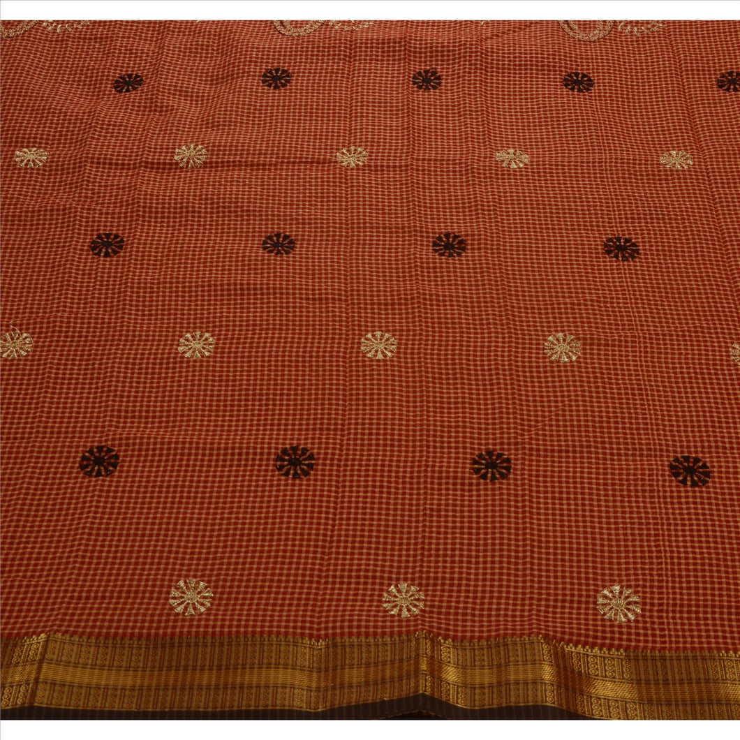 Antique Vintage Indian Saree Cotton Embroidery Woven Maroon Fabric Paisley Sari