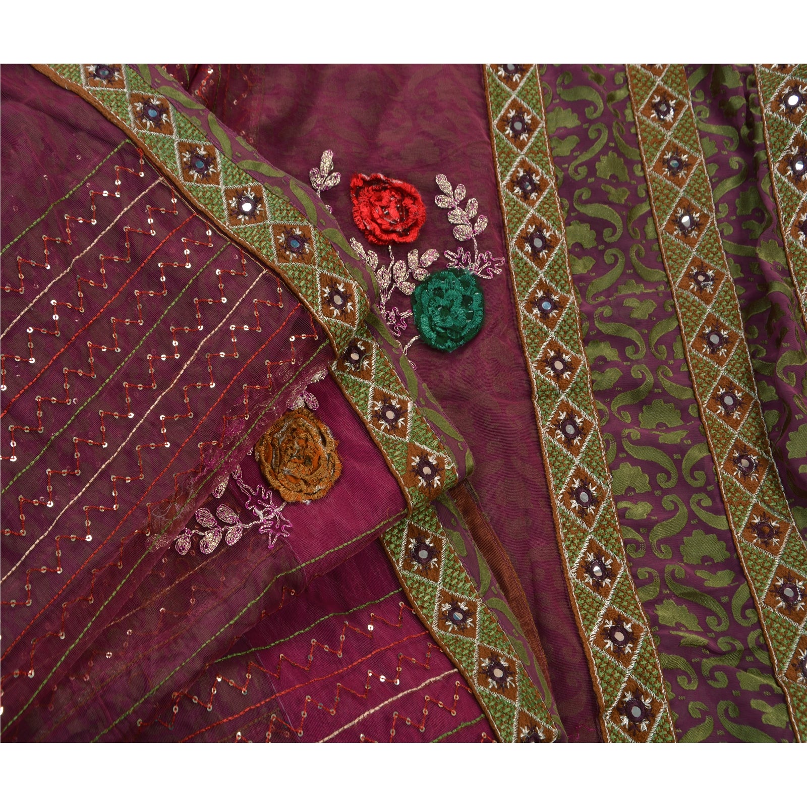 Sanskriti Vintage Lilla Sari Georgette Broderet Bæredygtigt Stof Premium Etnisk Sari