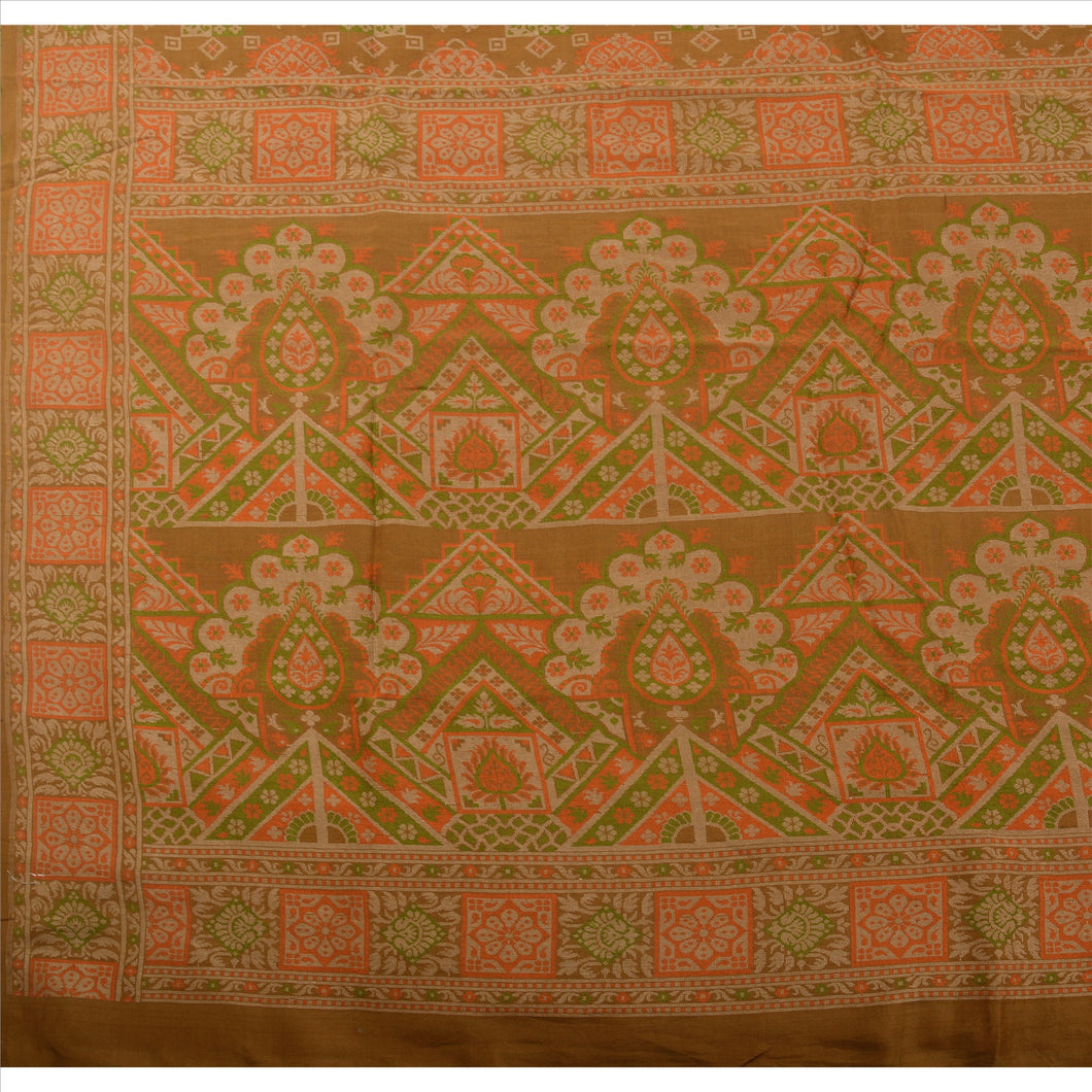 Vintage Indian Saree 100% Pure Silk Brown Woven Craft Fabric Floral Ethnic Sari