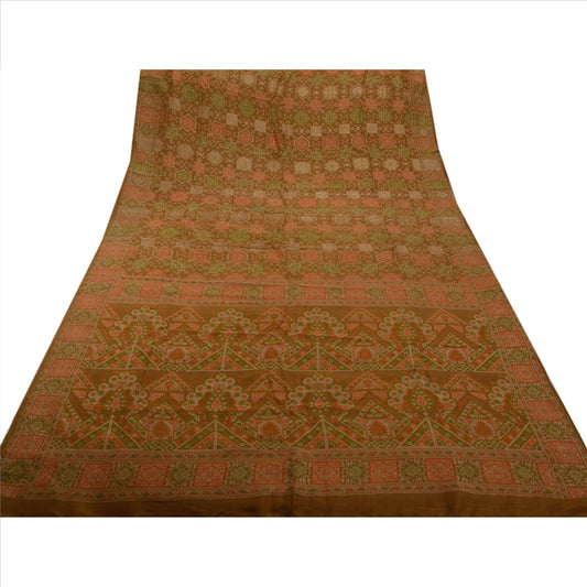 Sanskriti Vintage Indian Saree 100% Pure Silk Brown Woven Craft Sustainable Fabric Floral Ethnic Sari