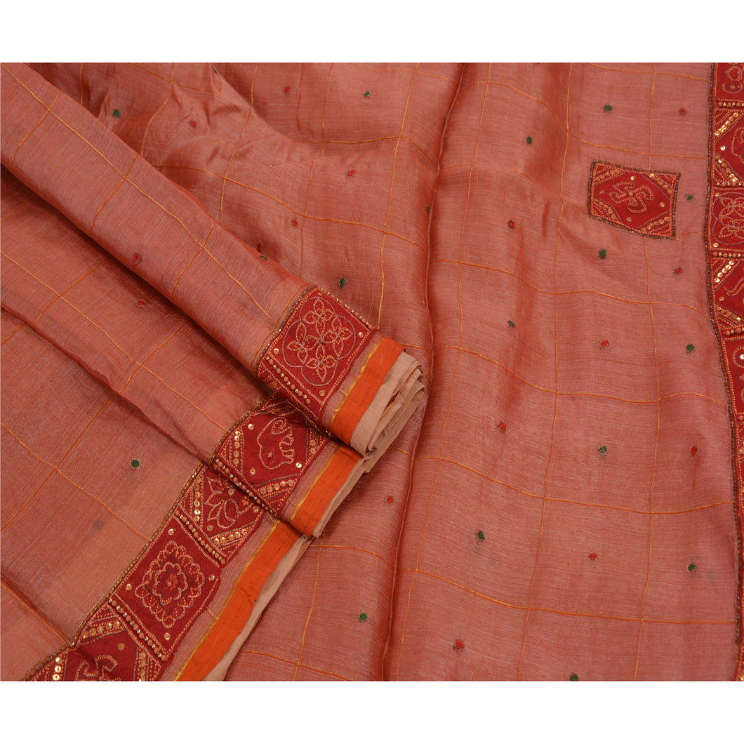 Sanskriti Vintage Indian Peach Saree 100% Pure Silk Hand Beaded Fabric Peacock Sari