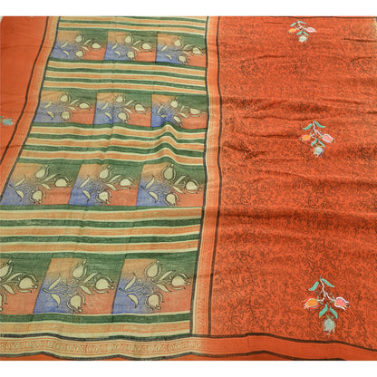 Sanskriti Vintage Indian Saree 100% Pure Crepe Silk Hand Beaded Craft Sustainable Fabric Orange Sari
