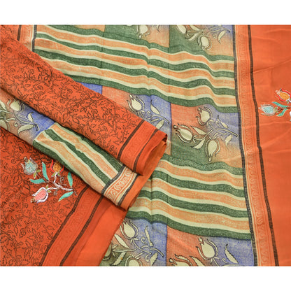 Sanskriti Vintage Indian Saree 100% Pure Crepe Silk Hand Beaded Craft Sustainable Fabric Orange Sari