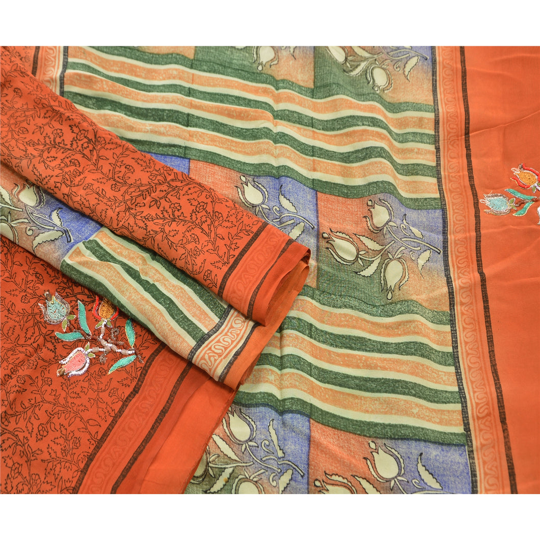 Vintage Indian Saree 100% Pure Crepe Silk Hand Beaded Craft Fabric Orange Sari