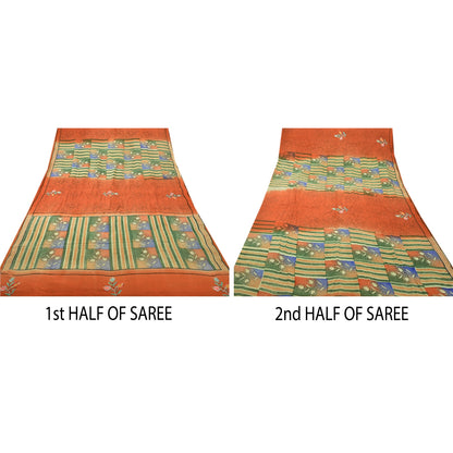 Sanskriti Vintage Indian Saree 100% Pure Crepe Silk Hand Beaded Craft Sustainable Fabric Orange Sari