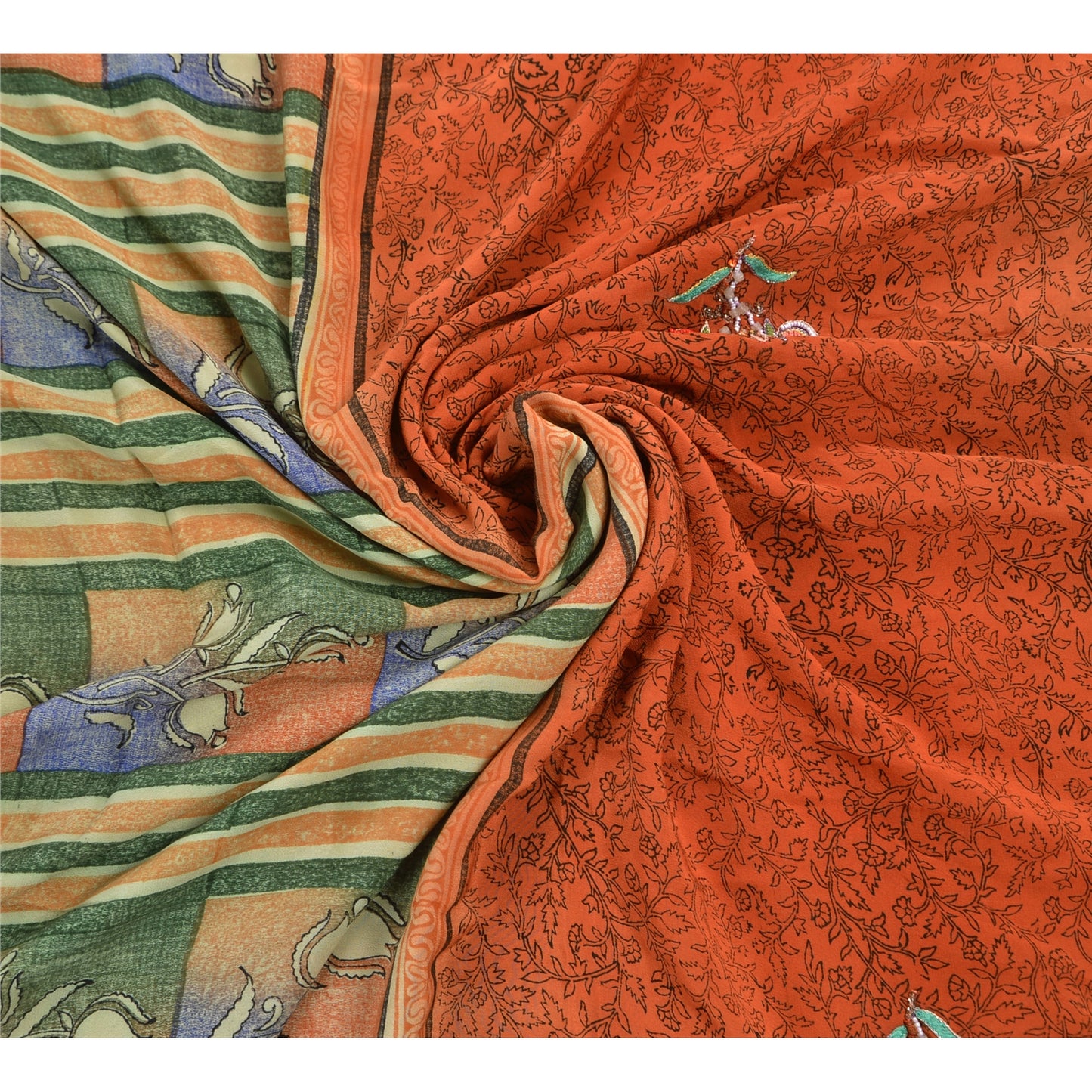 Sanskriti Vintage Indian Saree 100% Pure Crepe Silk Hand Beaded Craft Sustainable Fabric Orange Sari