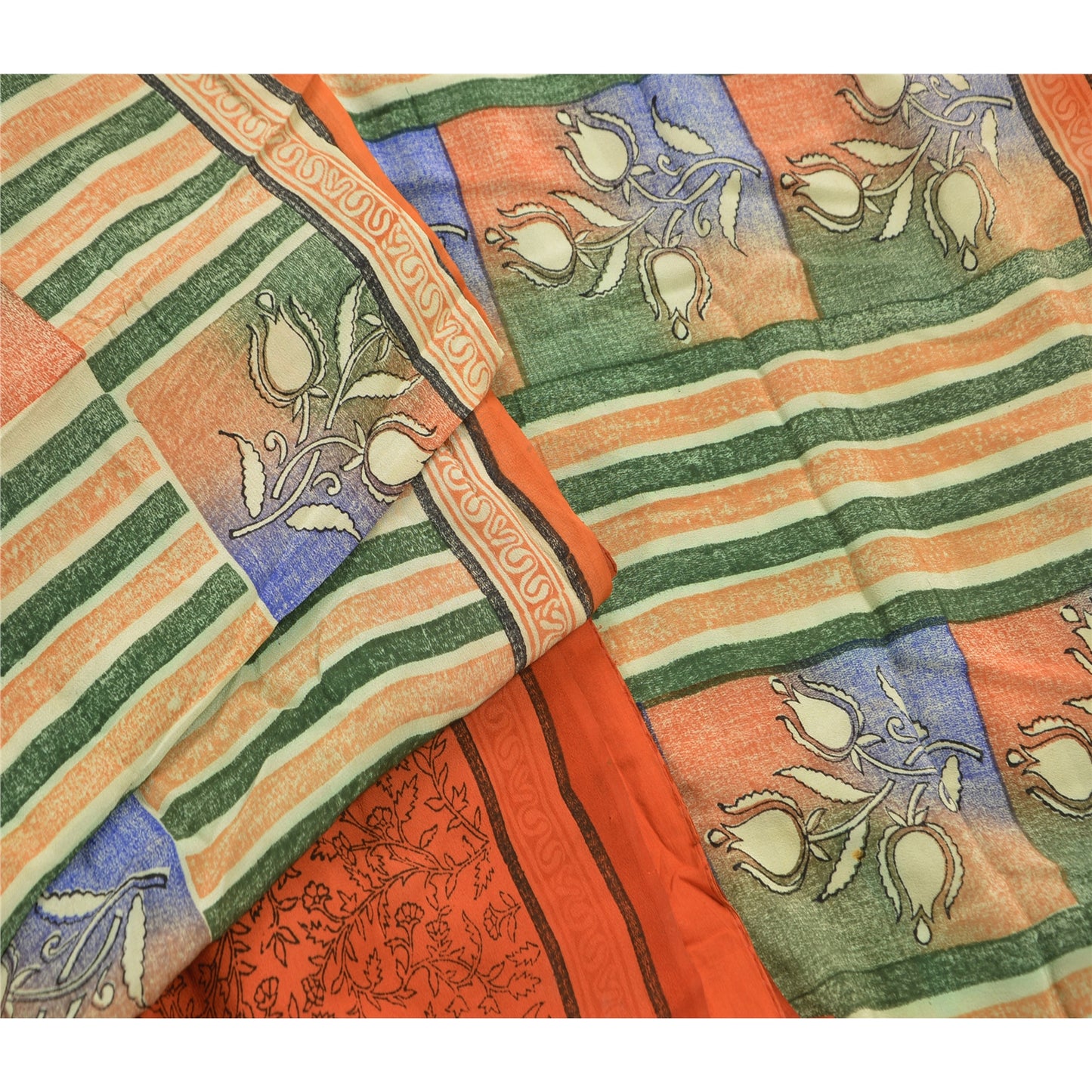 Sanskriti Vintage Indian Saree 100% Pure Crepe Silk Hand Beaded Craft Sustainable Fabric Orange Sari