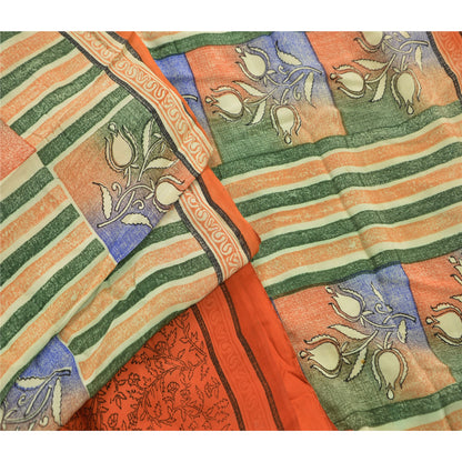 Sanskriti Vintage Indian Saree 100% Pure Crepe Silk Hand Beaded Craft Sustainable Fabric Orange Sari
