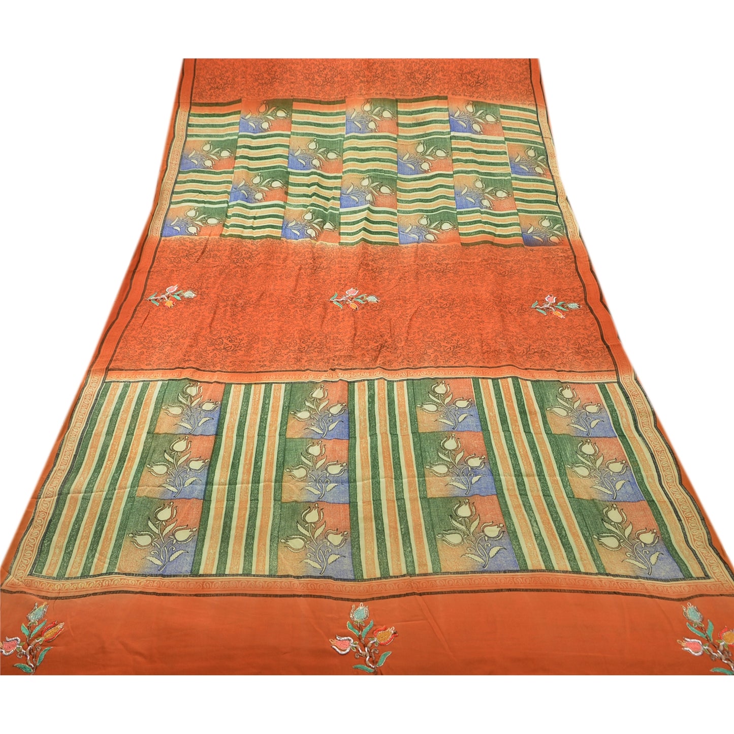 Sanskriti Vintage Indian Saree 100% Pure Crepe Silk Hand Beaded Craft Sustainable Fabric Orange Sari