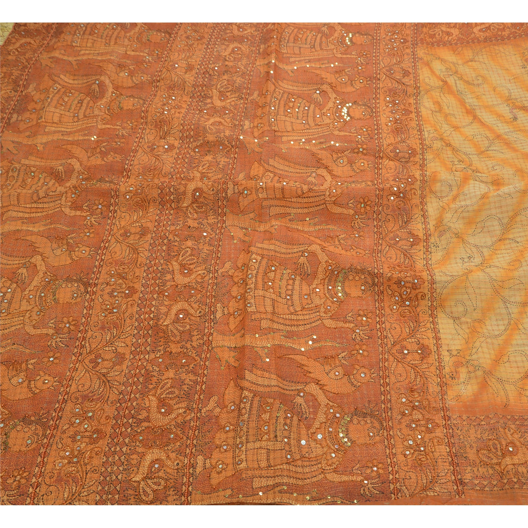 Sanskriti Vintage Indian Saree Organza Silk Hand Beaded Painted Fabric Sari